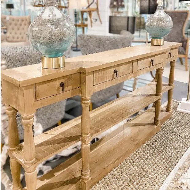 4 Drawer Farmhouse Console with Tiered Shelving, Rustic Wood Finish