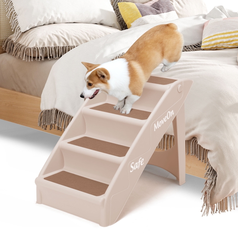 4-Tier Foldable Pet Ramp Warm Beige Plastic Frame Non-Slip Treads