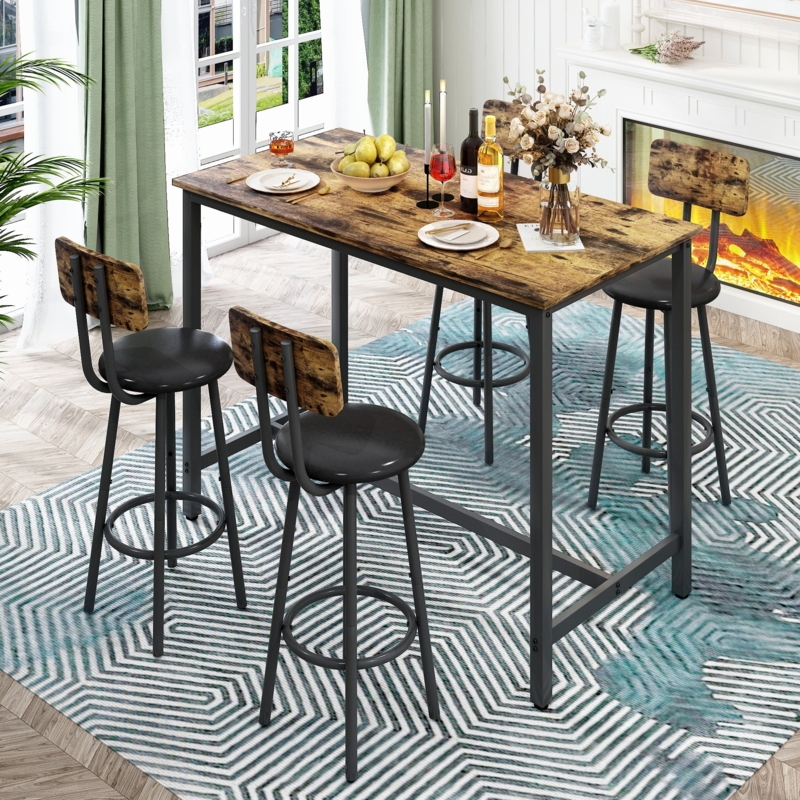 5-Piece Bar Table Set, Mixed Material with Wood Backrest Stools