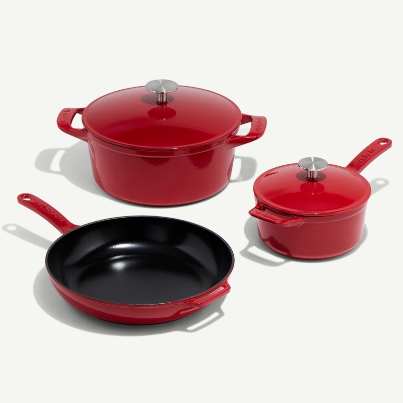 5-Piece Cookware Set in Glossy Vibrant Red with Stainless Steel Knobs