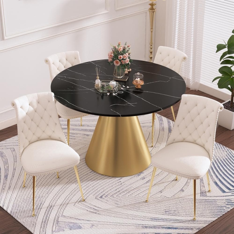 5-Piece Dining Set Black Marble Table and White Tufted Chairs
