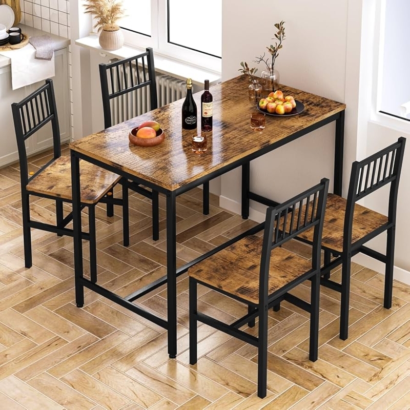 5-Piece Dining Set Industrial Slat Back Chairs Rustic Brown