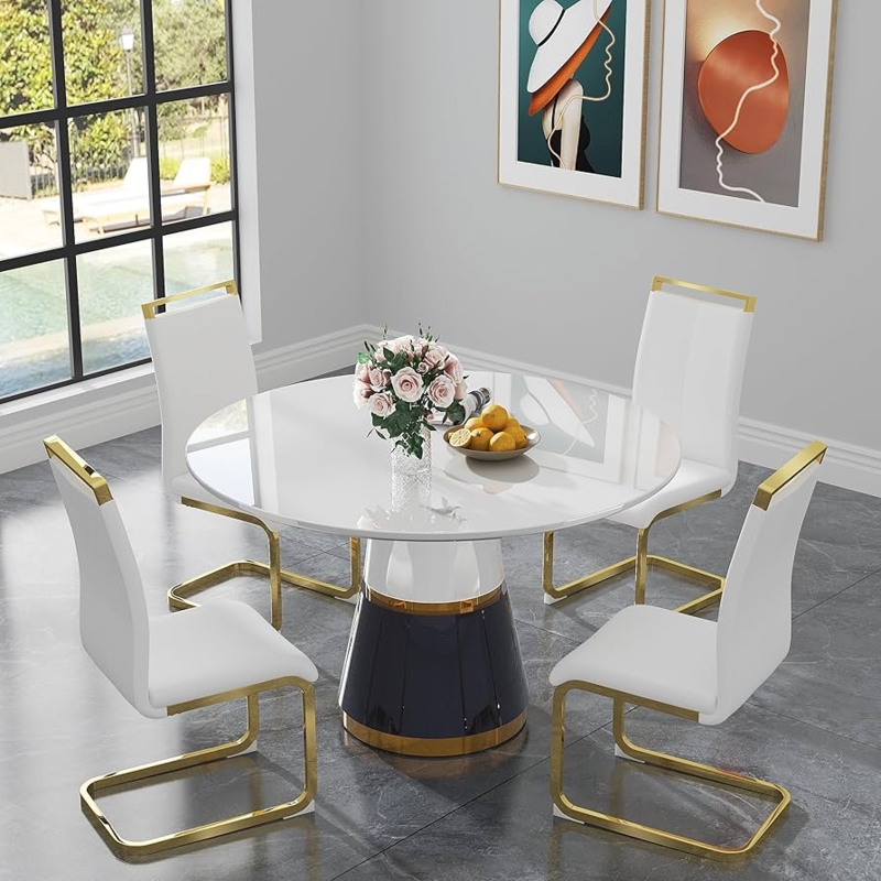 5-Piece Dining Set with Navy Pedestal and Gold Cantilever Chairs
