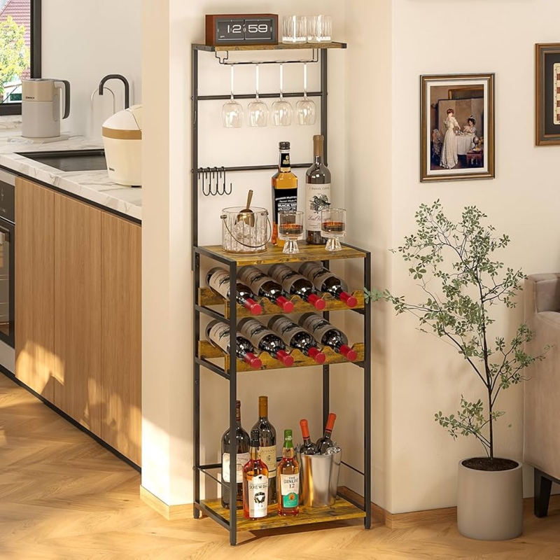5-Tier Freestanding Wine Rack with Stemware Holder and S-Hooks
