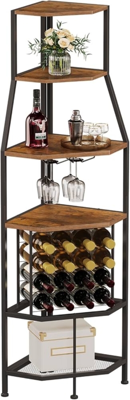 5 Tier Industrial Corner Wine Rack with Mesh Bottom Shelf