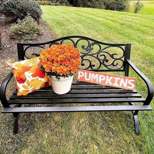 50 Inch Garden Bench Black Metal Floral Scrollwork Back