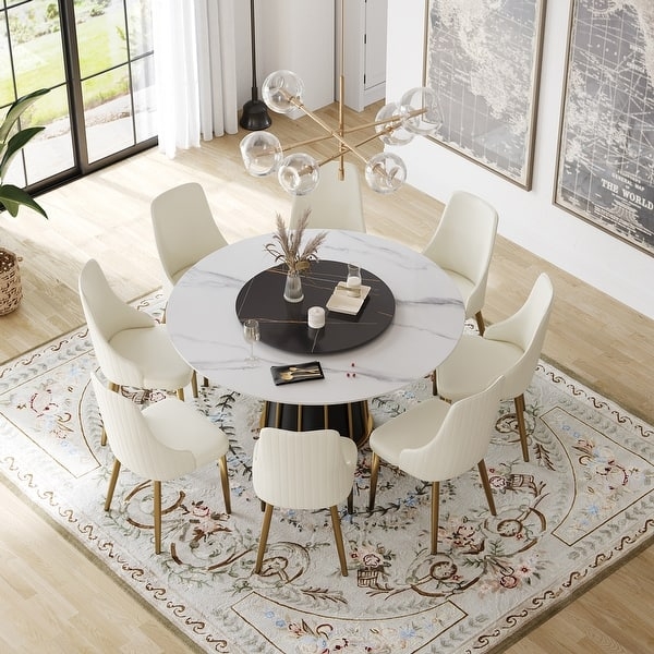 59'' White Round Dining Table with Lazy Susan, Sintered Stone Tabletop -  Bed Bath & Beyond - 39915063