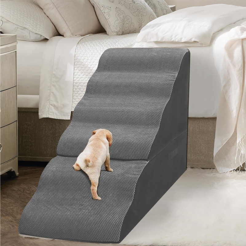 6-Step Scalloped Pet Stairs Charcoal Gray Foam Ribbed Texture