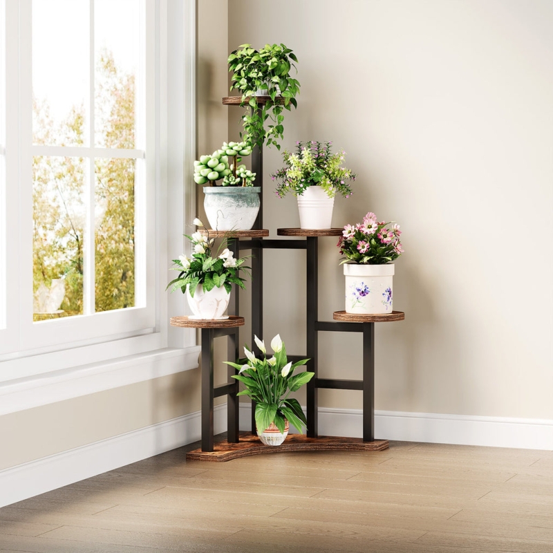 6-Tiered Corner Plant Stand Corner Hugging Base Staggered Heights Metal