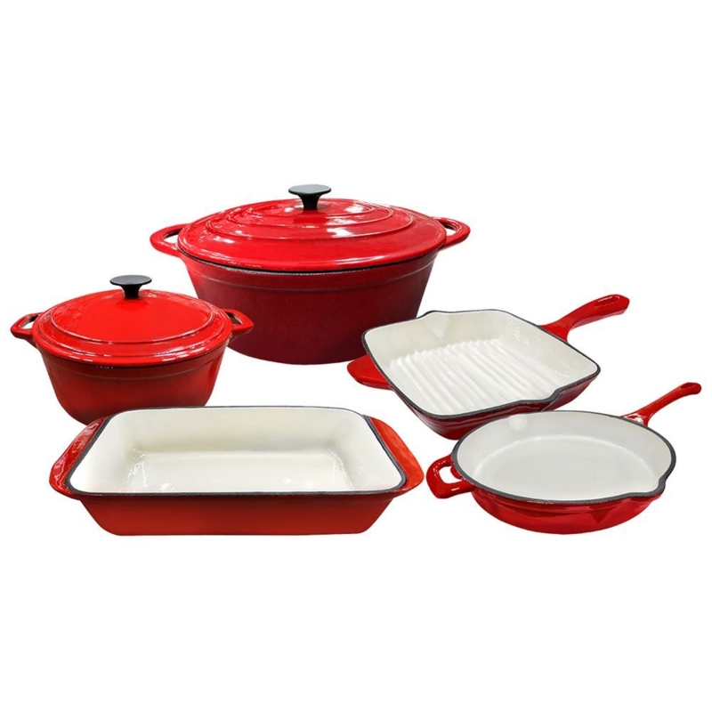 7-Piece Cookware Set in Vibrant Red Gloss with Cream Enamel Interior