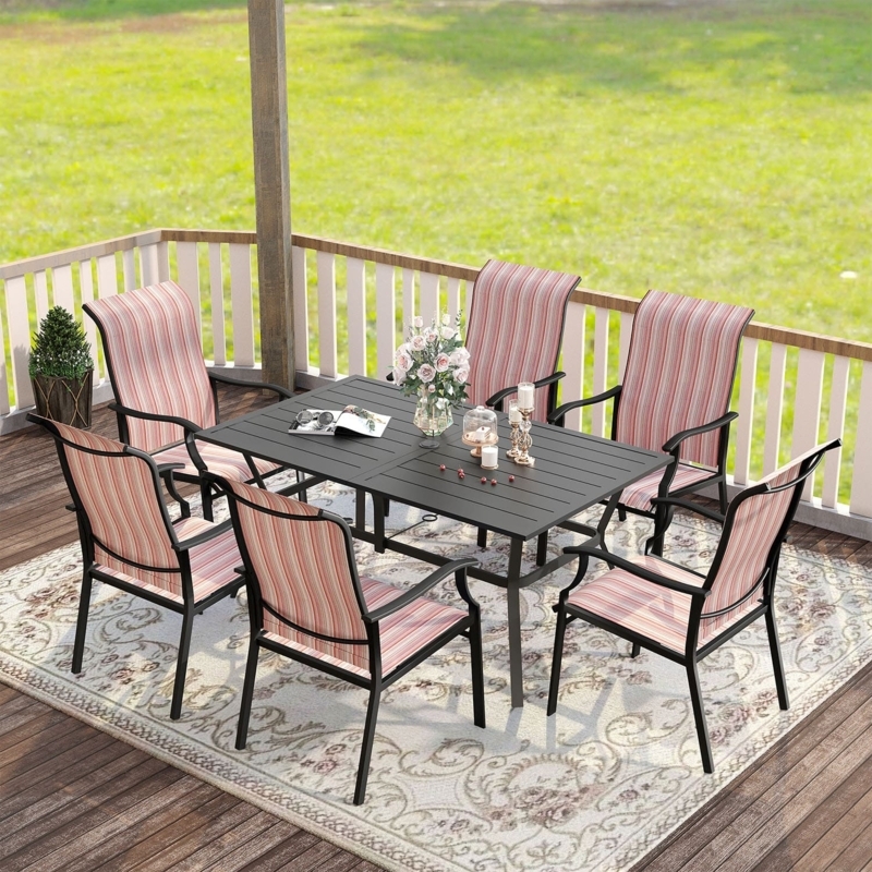 7-Piece Matte Black Patio Dining Set with Tropical Stripe Sling Chairs