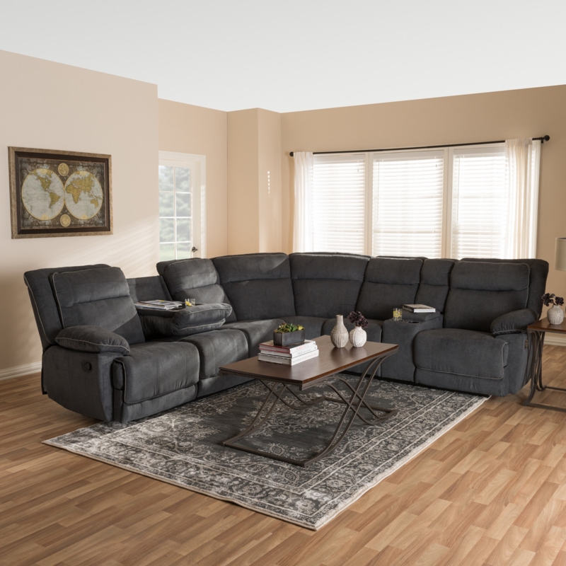 7-Piece Reclining Sectional Two-Tone Grey Fabric Contrast Piping