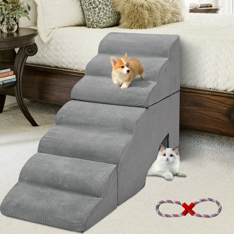 7-Tier Pet Steps With Pet Tunnel Grey Waffle Weave High Profile