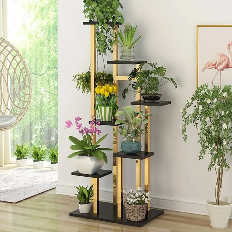 7-Tiered Plant Stand Gold Finish Staggered Shelves Modern Glam Metal