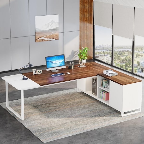 70-Inch L-Shaped Executive Desk with Wood and White Contrast Finish