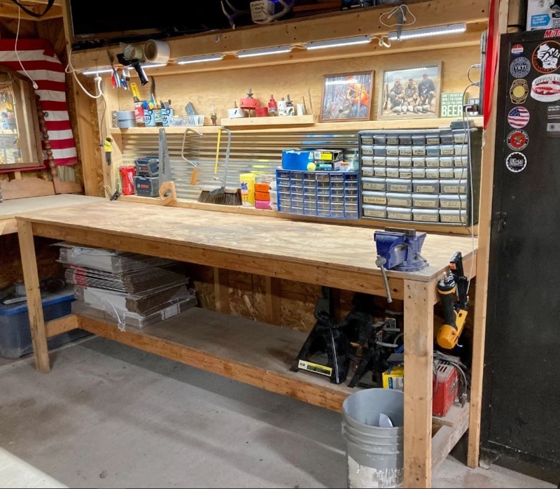 8-Foot DIY Work Bench with Mounted Vise and Lower Shelf