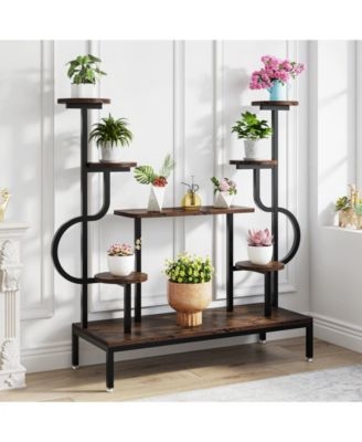 8-Tier Plant Stand Curved Frame Staggered Shelves Industrial Metal Wood