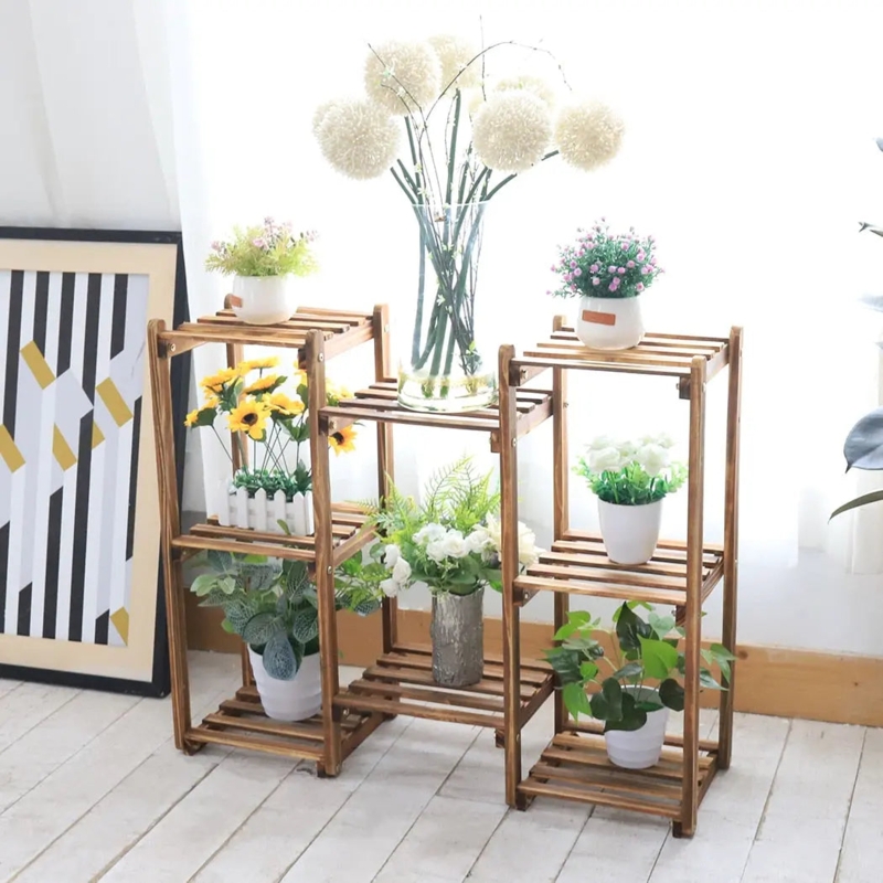 8-Tier Plant Stand Slatted Wood Platforms Staggered Asymmetry Rustic