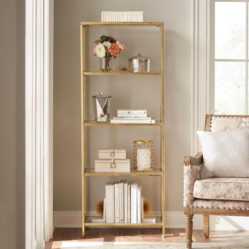 Accent Bookcase: Slim Gold Frame with Glass Shelves & Ball Feet