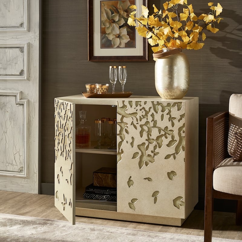 Accent Cabinet: Antique White Two-Door with Metallic Floral Relief Carving