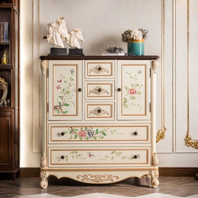 Accent Cabinet: Cream and Dark Wood Top with Carved Ornamental Base