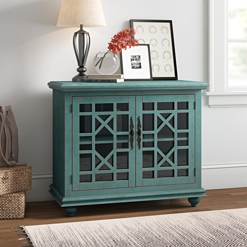 Accent Cabinet: Distressed Teal Blue with Geometric Fretwork Glass Doors