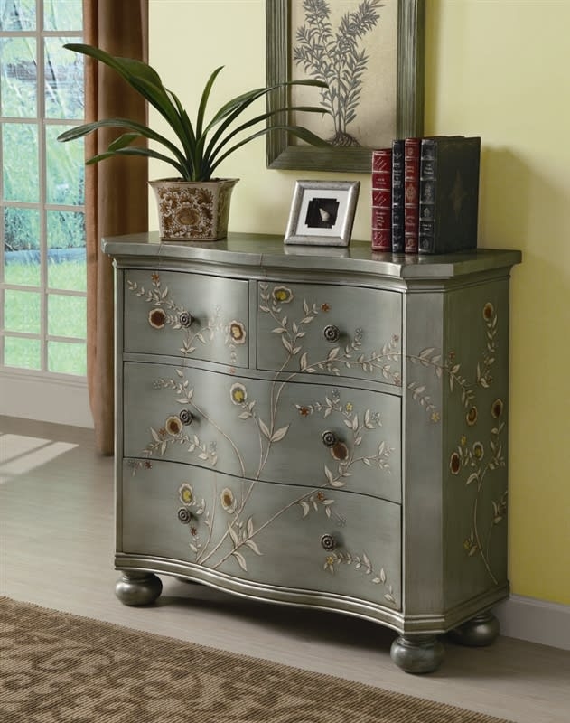 Accent Cabinet: Metallic Pewter Finish with Bow Front & Floral Vines