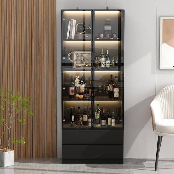 Accent Cabinet Modern Matte Black LED Interior Lighting Glass Doors
