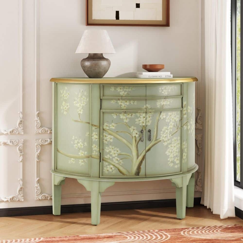 Accent Cabinet: Soft Green Demilune Shape with Hand-Painted Floral Tree