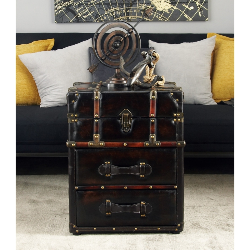 Accent Cabinet Trunk Style Hinged Top Two Drawers Strap Handles Leather