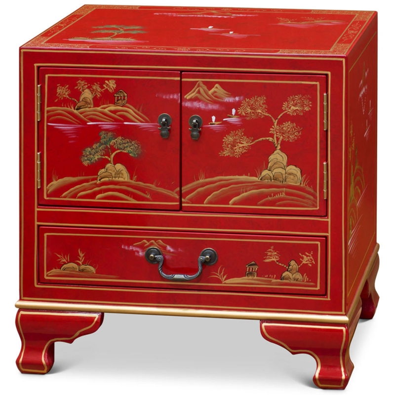 Accent Cabinet: Vibrant Lacquer Red Chinoiserie with Hand-Painted Scenery