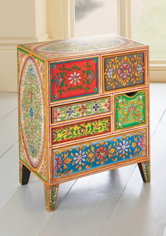 Accent Cabinet with Asymmetrical Six Drawers and Vibrant Folk Art