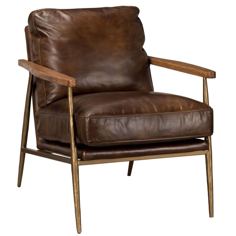Accent Chair: Antique Leather, Metal Frame, Wood Arms. Industrial Lounge.
