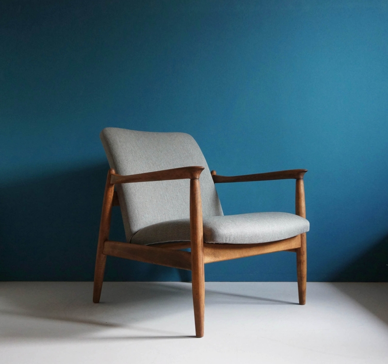 Accent Chair: Ash Grey Upholstery, Sculpted Armrests, Low Profile