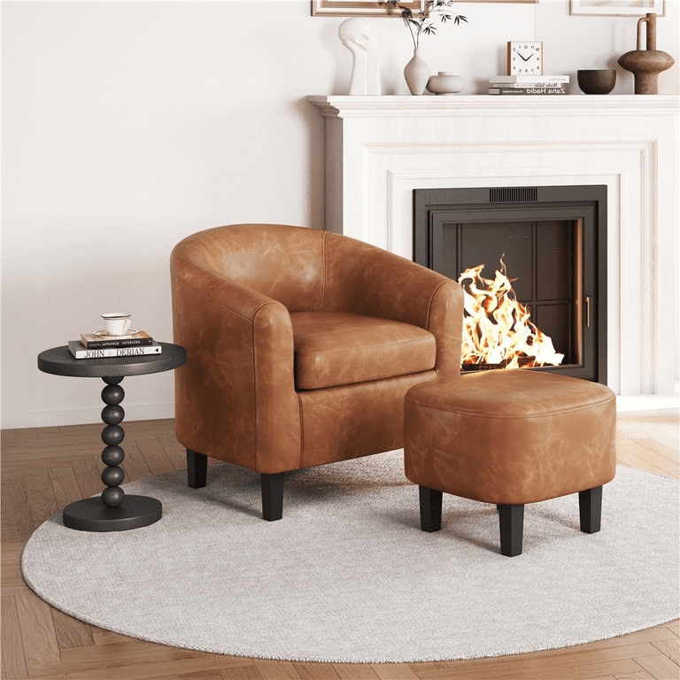 Accent Chair Barrel Silhouette Warm Brown with Matching Ottoman
