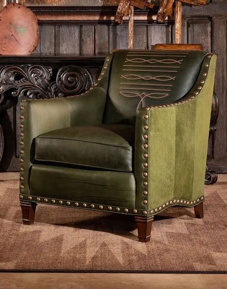 Accent Chair Boot Stitch Embroidery Green Leather Mixed Upholstery