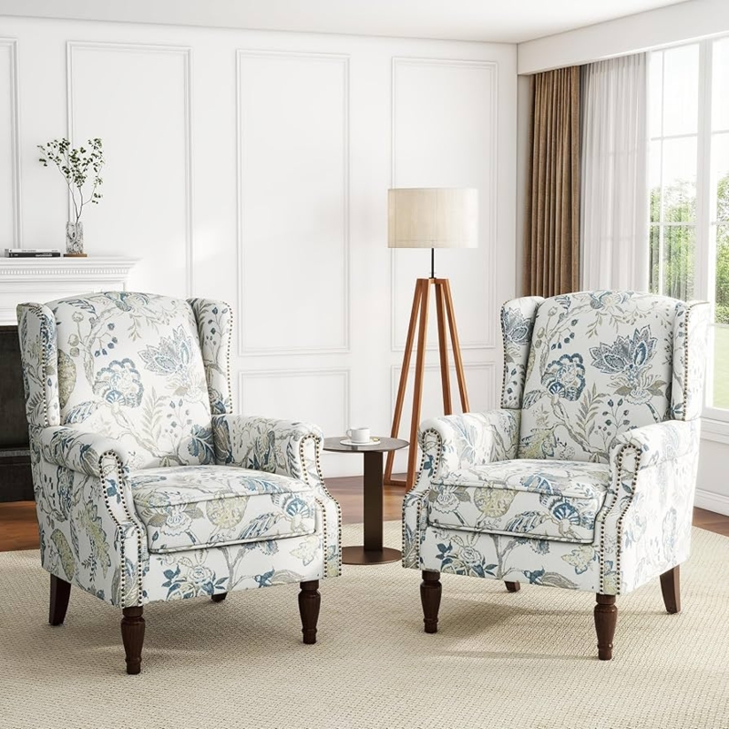 Accent Chair Botanical Print Nailhead Trim Floral Wingback Seating