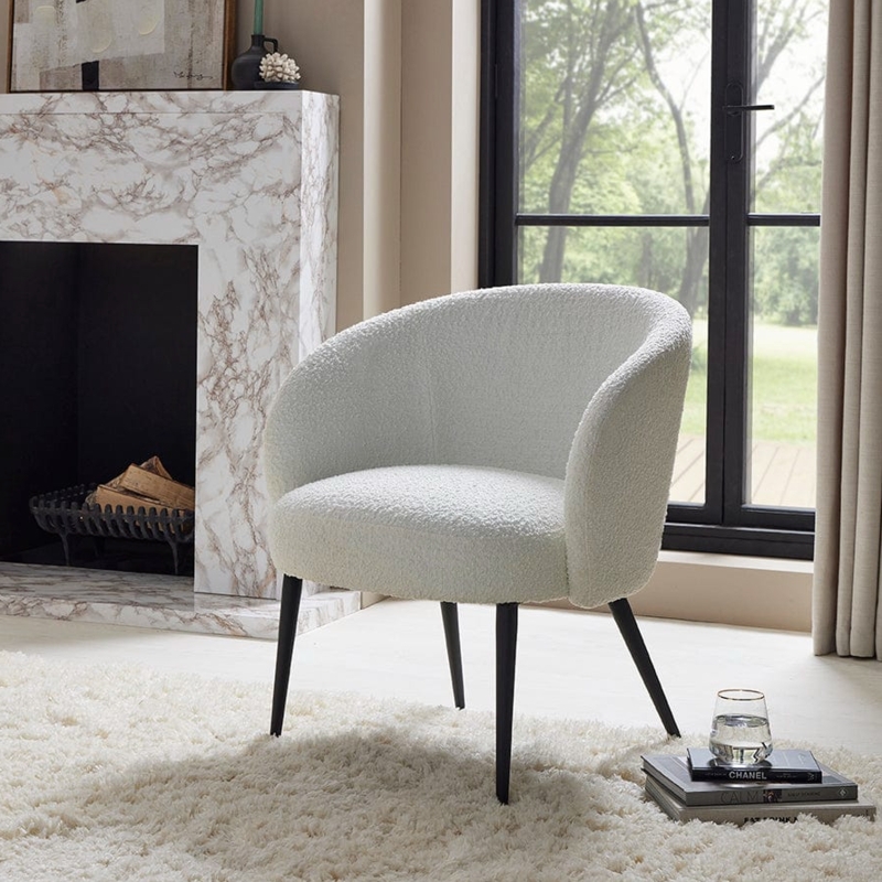 Accent Chair Bouclé Texture, Curved Back, Off-White, Tapered Legs