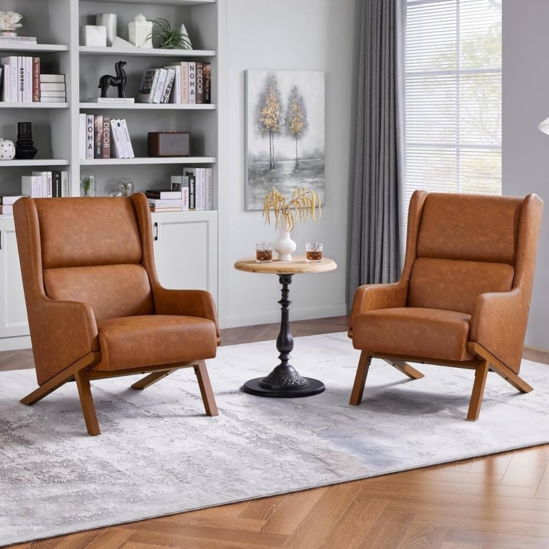 Accent Chair Camel Brown Leather-like Angled Legs Wingback Profile