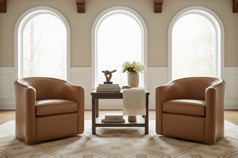 Accent Chair Camel Tan Leather-Like Barrel Back Swivel Base