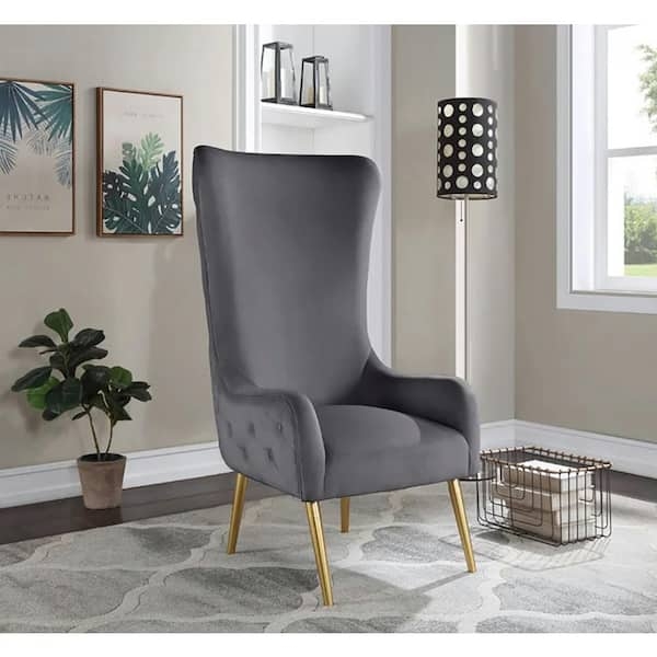Accent Chair Charcoal Gray Velvet Side Tufting Gold Flared Legs