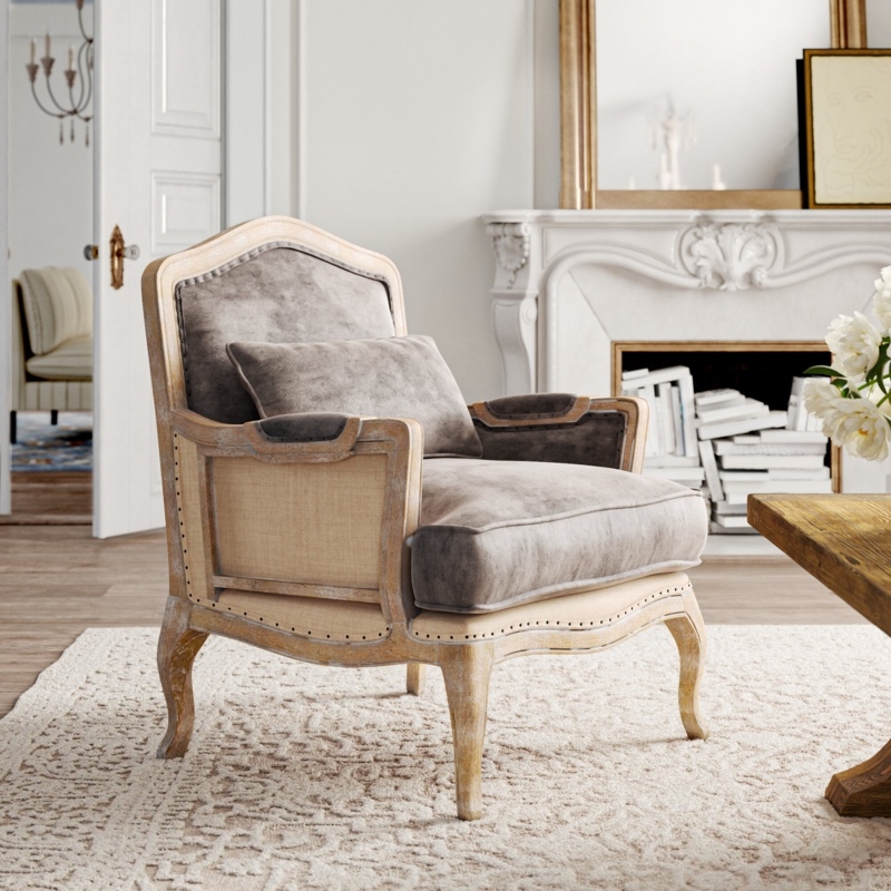 Accent Chair: Charcoal Grey Velvet with Cane Side Panels & Pillow