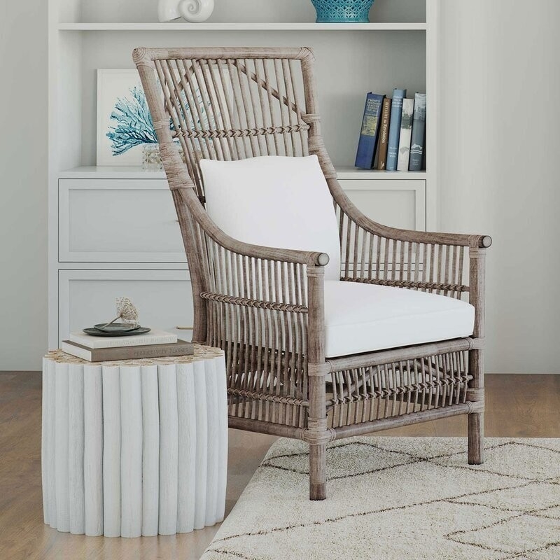 Accent Chair Coastal Rattan, High Back Vertical Slats, Weathered Gray
