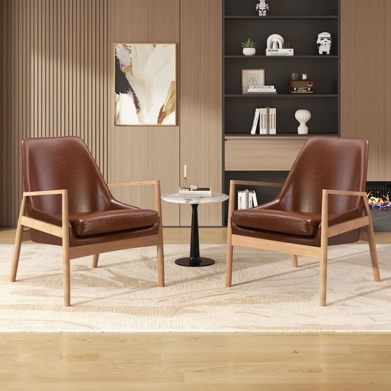 Accent Chair Cognac Brown Leather-like Angular Wood Frame Scandi