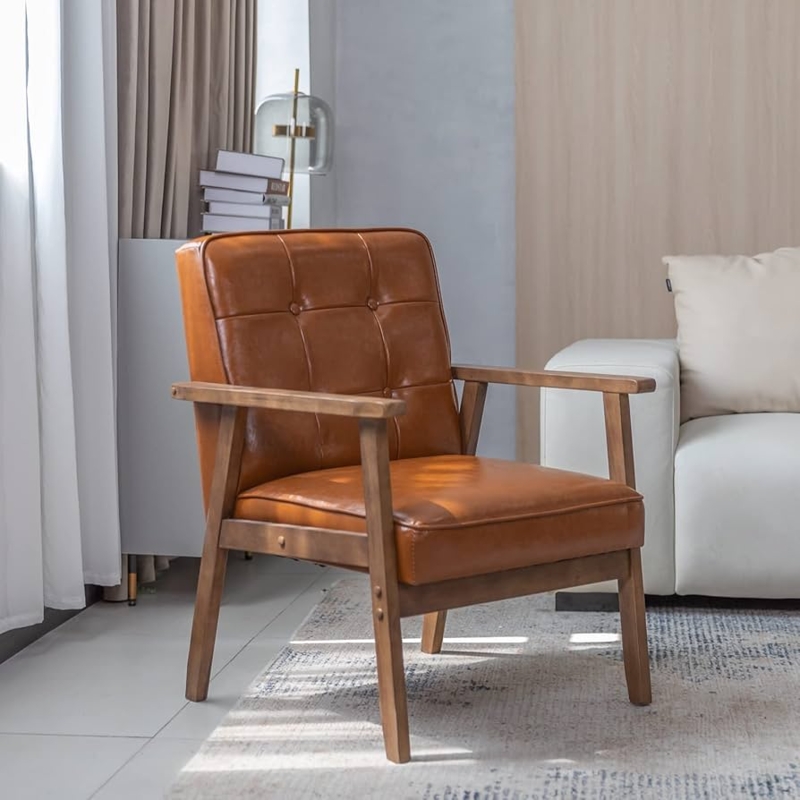 Accent Chair: Cognac Leather-Like, Button Tufted, Flat Armrests
