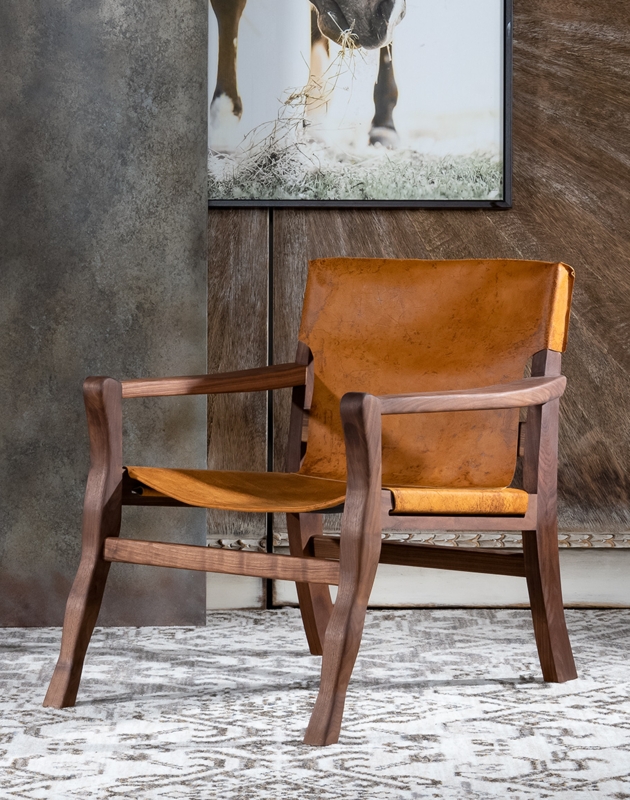 Accent Chair Cognac Leather Like Sling Seat Curved Front Legs Rustic
