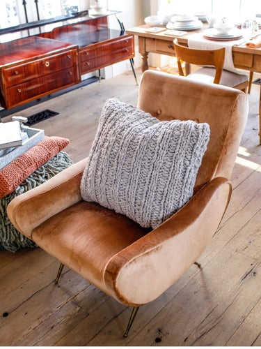 Accent Chair: Copper Velvet, Wraparound Arms, Chunky Knit Pillow