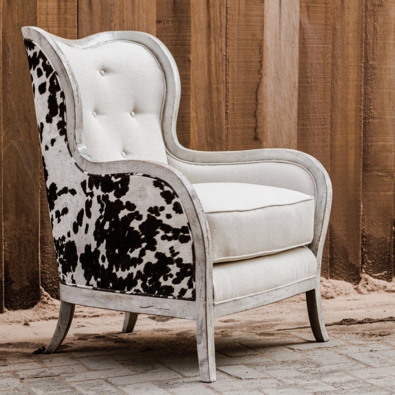 Accent Chair Cowhide Pattern Whitewashed Frame Farmhouse Chic Rustic