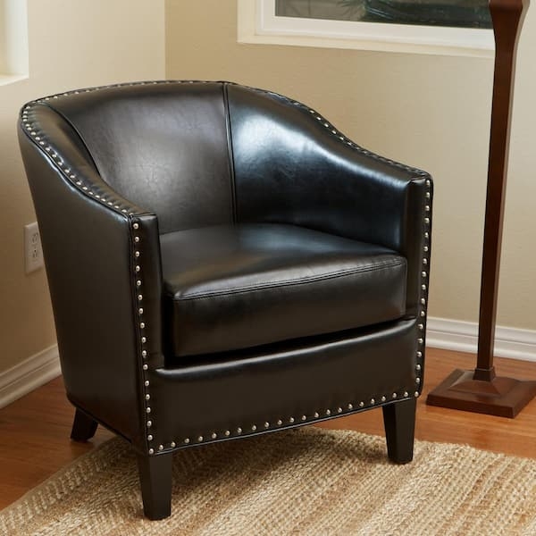 Accent Chair: Deep Black Barrel Back, Nailhead Trim. Transitional Seating.