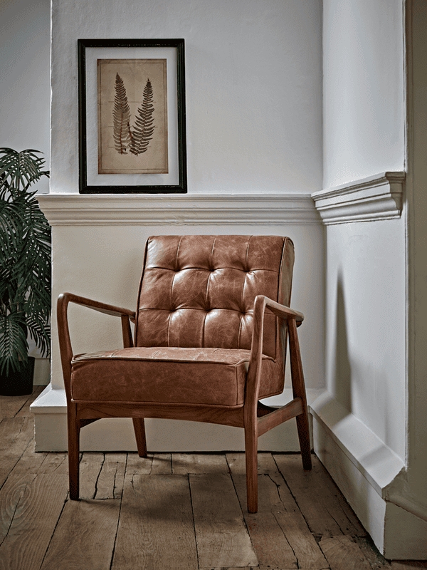 Accent Chair, Distressed Cognac Leather-Like, Button Tufted, Curved Arms